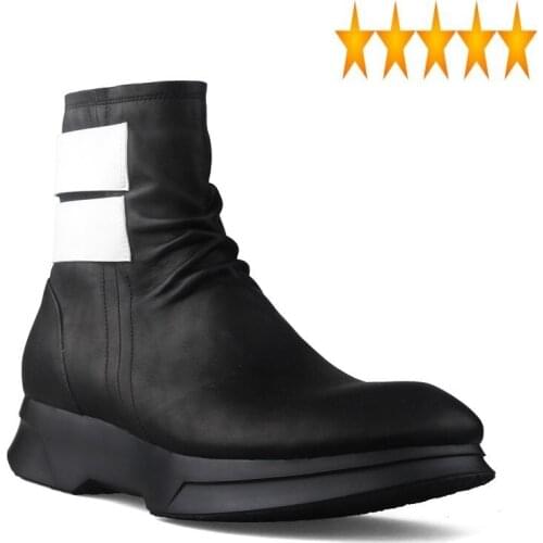 Quality Brand Designer Handmade Cowhide Genuine Leather Boots Men Mixed Colors Pleated Platform Casual High Top Shoes
