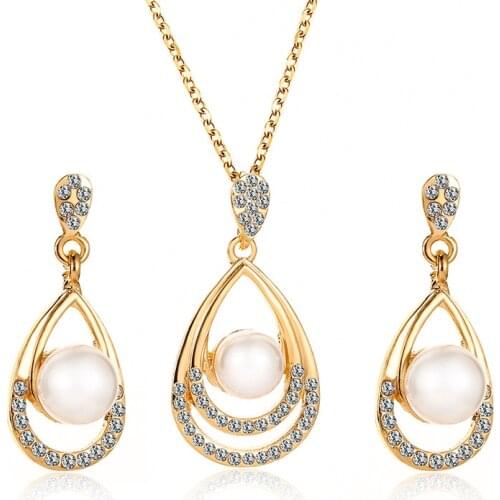 Hot Sale Women Wedding Fashion Gold Color Jewelry Sets Crystal Waterdrop Earrings Choker Necklace Gift Dropshipping