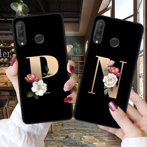 Flower Phone Case For Huawei Honor 20 30 Lite Pro 10i 30i 9X Pro 10X Lite Cover Black Shell Custom Letter Monogram A B C Cases