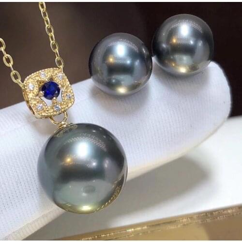 D123 Fine Jewelry 18K Gold Natural Tahiti Black Pearls 9-12mm Females Jewelry Sets for Women FIne Jewelry Sets