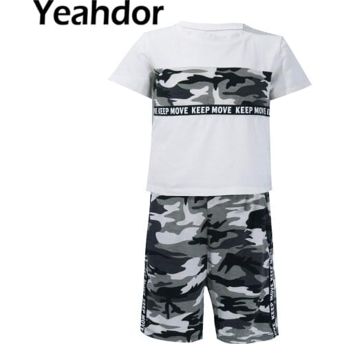Kids Boys Camouflage Printed Sport Suit Casual Short Sleeves Webbing Stitching T-shirt and Shorts Set for Running Gym Exercise