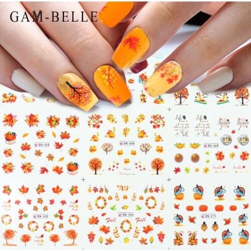 GAM-BELLE 12Pcs Autumn Series Nail Water Decal Sticker Yellow Leaves Pumpkin Tree DIY Slider Nail Decoration Manicure Tool