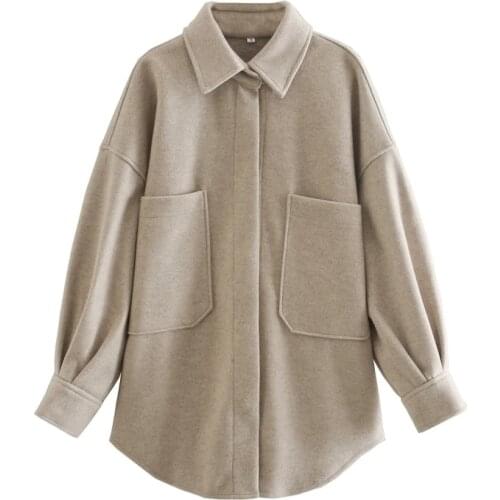 NEWDISCVRY Women Camel Woolen Jackets 2021 Spring-Autumn Fashion Ladies Elegant Loose Long Coats Streetwear Girls Chic Outwear