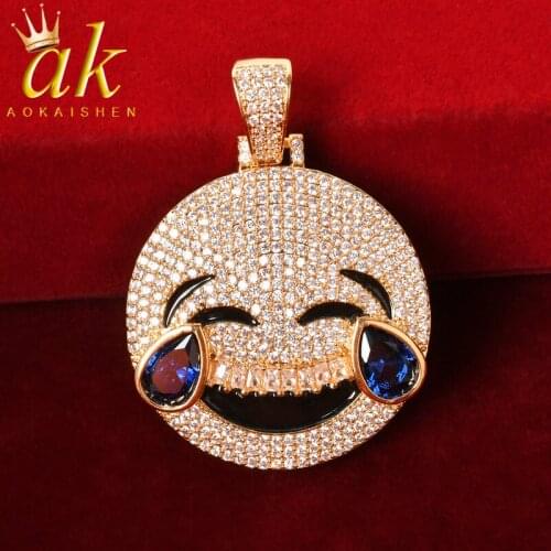 Blue Laugh Cry Face Pendant Necklace Chain Gold Color Zircon Mens Hip hop Rock Jewelry