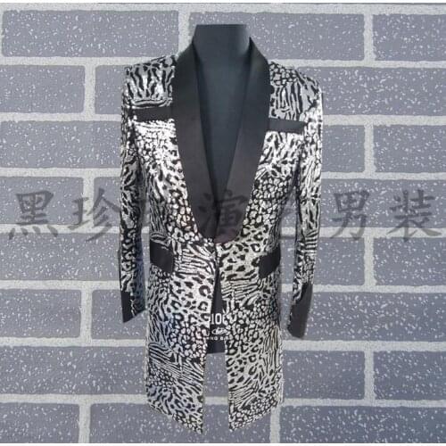 Silver leopard print men suits masculino homme terno stage costumes singers men sequin blazer dance clothes jacket star style