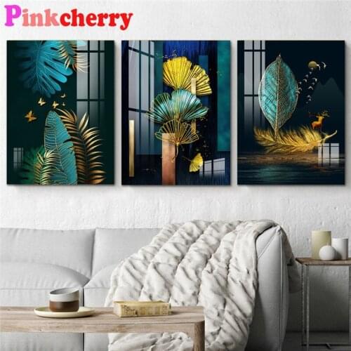 Full Square Round Drill 5D DIY Diamond Painting 3 Pieces 3 Panels Chinese Style Green and Gold Cross Stitch Diamond Embroidery