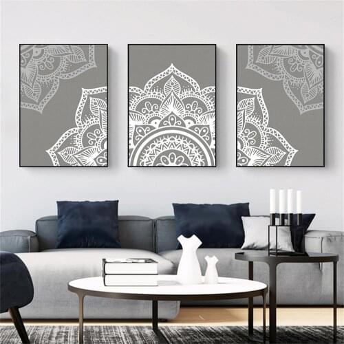 Gray Mandala Pattern Wall Art Poster Bohemian Blooming Art PrintYoga Canvas Painting Abstract Pictures Living Room Home Decor