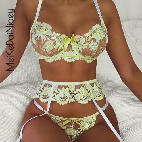 MeiKeDaiNicey Floral Embroidery Lingerie Underwear Set with Garters Wireless Bra Erotic Lace Brief Set G-Strings Thongs Intimate
