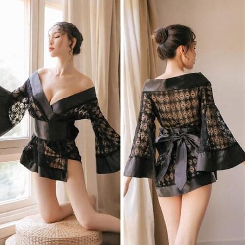 Sexy Lace Women Satin Sleepwear Silky Robe Gown Nightgown Traditional Japanese Kimono Dress Loose Style Deep V-neck Mini Yukata