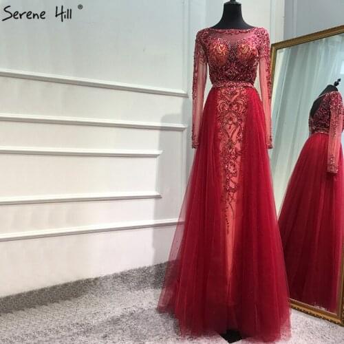 Serene Hill Handmade Luxury Beadings Evening Dress O-Neck Mermaid 2020 Red Long Sleeves Formal Party Gown CLA6641