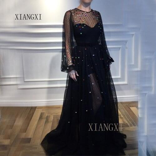 Vestido de festa Black Evening Dresses Long Tulle A-Line Jewel-Neck Full Sleeves Crystal Floor Length Evening Party Dress Formal