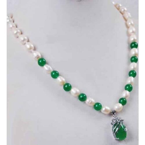 Fine jewelry 7-8mm White Akoya Cultured Pearl/Green Jade Gemstones pendant necklace