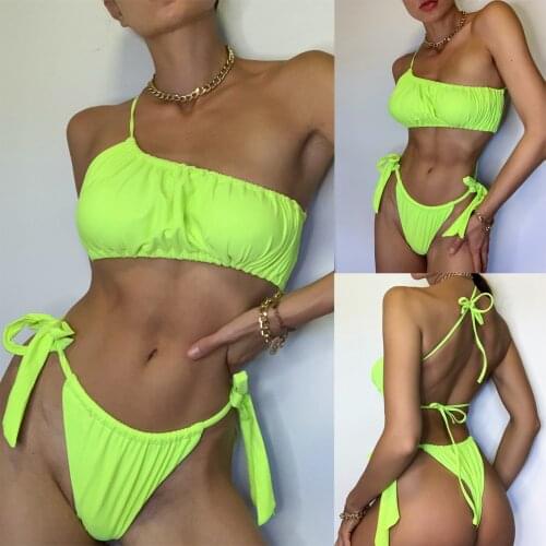 Sagace green womens irregular lace up sexy bikini fluorescent open back split swimsuit sexy summer Swimsuit Bikini Купальники