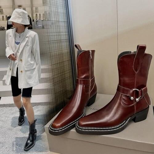 New Fall Shoes Women Square Toe Chunky Boots 2021 Fashion Women Shoes Winter Ankle Boots Women Solid Black Leather Western Boots
