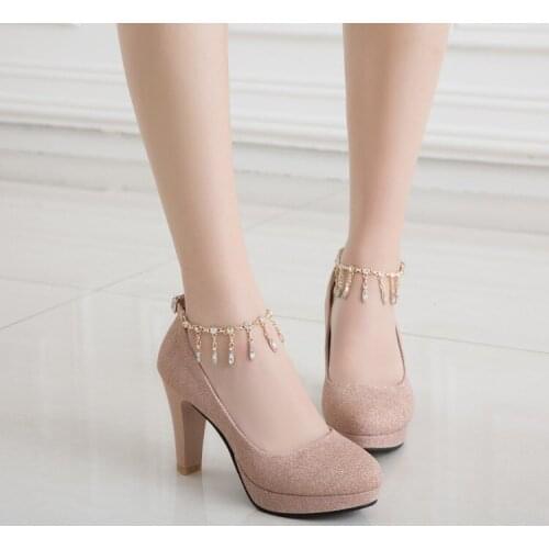 Big Size 11 12 13 14 15 platform heels women shoes woman pumps ladies Round head shallow thick heel high-heel buckle water drill