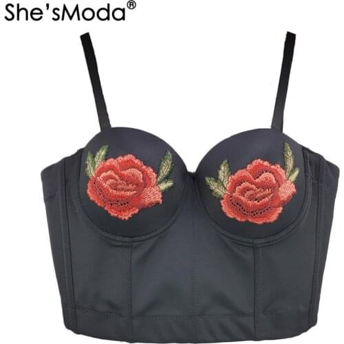 ShesModa Appliques Embroidery Bustier Push Up Night Club Bralette Womens Floral Bra Cropped Top Vest Corset Plus Size