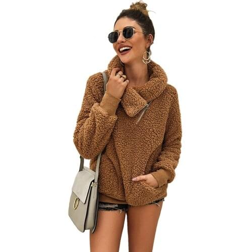 Autumn Women Casual Furry Polar Fleece Solid Pullover Long Sleeve Turn Down Collar Pocket Sweatshirts Thick Warm Streetwear