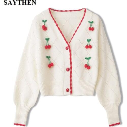 Saythen Sweet Embroidered New Single-Breasted Knitted Cardigan Women High-Waist V-Neck Sweater womens 2020 Autumn Winter Coat