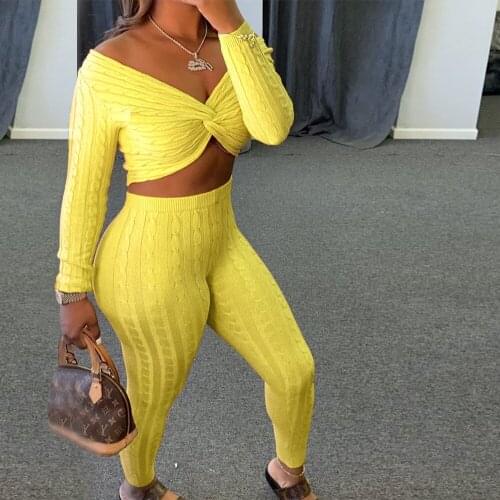 Echoine Solid Color Sweater Two Piece Set Womens Long Sleeve V Neck Crop Top High Waist Pencil Pants Tracksuit Plus Size S-XXL