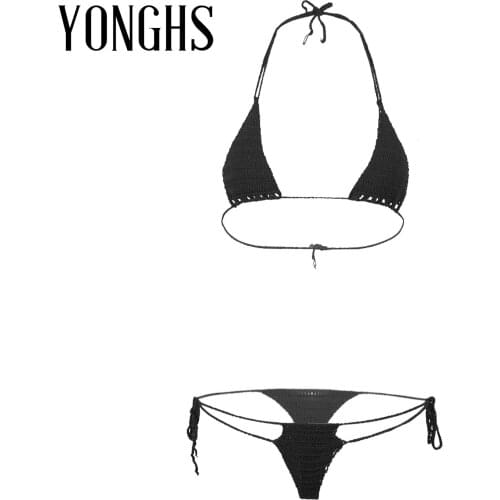 Womens Crochet Bathing Suit Lace-up Hollow out Bikini Sets Sunbathing Swimwear Bra with G-String Thongs Underwear Micro Swimsuit
