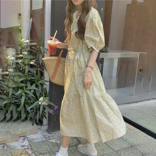2021 New Women Summer Lace V Neck Long Floral Dress Sashes Puff Sleeve Loose Pullover Maxi Sundress