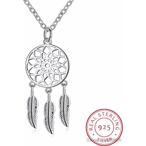 LEKANI Dream Catcher Feather 925 Sterling Silver Necklaces & Pendants For Women Fashion Dreamcatcher Necklace Girl Jewelry Gifts
