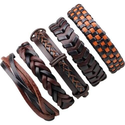 1set/5pcs Wristband New Unique Design Vintage Fashion Rope Wrap Link Cuff Bangle Leather Bracelets Women Jewelry Accessories