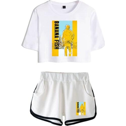 Banana Fish Tshirt Two Piece Set + Banana Fish Short Pants Women Cotton high quality Dew navel t shirt Summer Clothing XXS-4XL