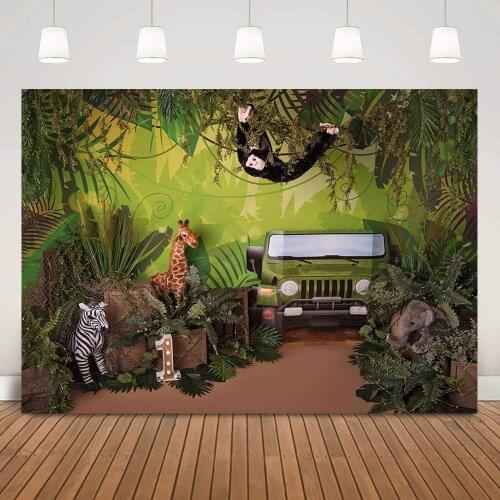 Wild Animals Safari Party Backdrop Woodland Kids One Birthday Background Green Jungle Forest Cake Smash Photography Photo Shoot