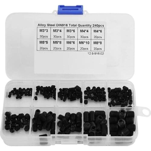 DIN916 Flat Head Screw Box Kit M3-M8 Black Alloy Steel Hexagonal Thread for Repairing Door Handles 240Pcs