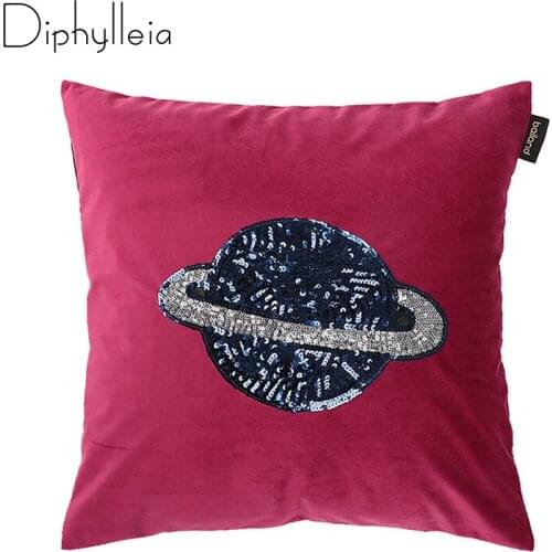 Diphylleia Retro Cushion Cover Space Planet Design Elements Sequin Beaded Embroidery Soft Velvet Rose Red Sofa Pillowcase