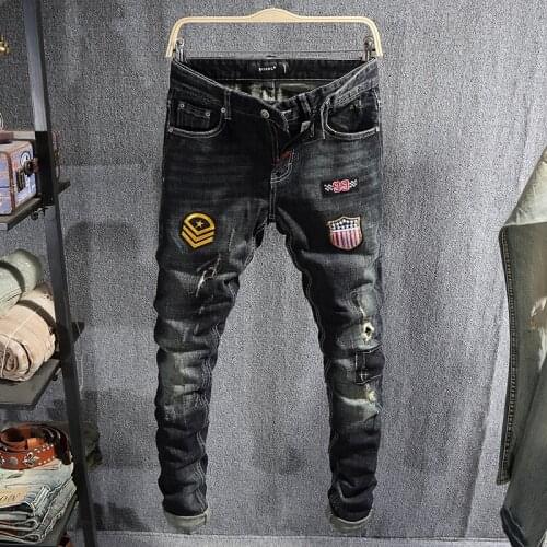 American Street Fashion Men Jeans Retro Black Blue Elastic Slim Fit Ripped Jeans Men Patches Designer Hip Hop Denim Punk Pants
