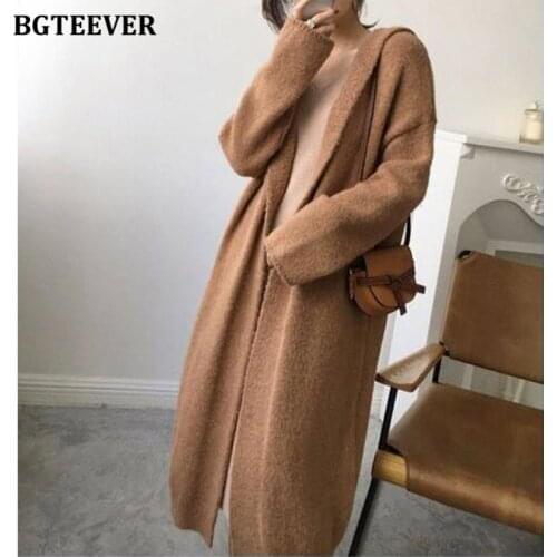 BGTEEVER Elegant Oversized Ladies Open Stitch Knitwear 2021 Autumn Winter Long Women Sweater Loose Hoodies Women Cardigans