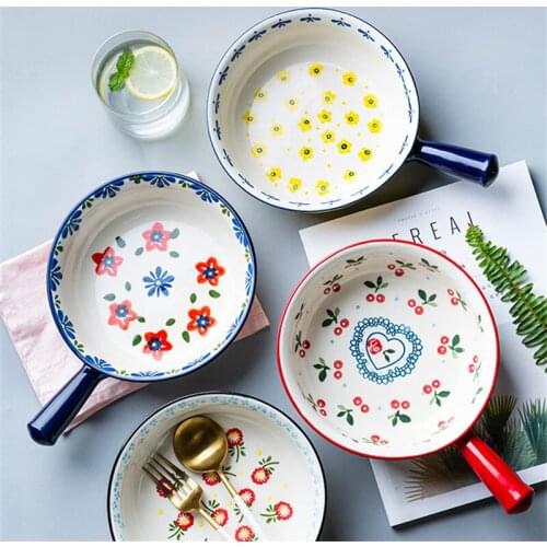 Ceramic Creative Hand-Painted Glazed Baking Bowl with Handle French Onion Soup Salad Bowl Roasting Lasagna Pan Round Bakeware