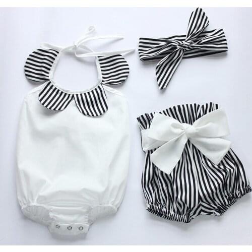 Summer Baby Girls Clothing Set Striped Headband Bodysuits Bow Shorts 3pcs Newborns Suits 2021 New Sweet Infant Clothes