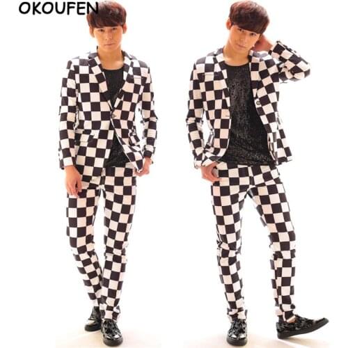 Nightclub bar Singer DJ Host Concert Blazers Costumes Men Black White Plaid Suit Jacket Stage Performance dance Costume