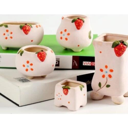 Mini Ceramic Succulent Plant Pot Handmade Pink Cute Strawberry Desktop Vase Decor Flower Pot Bonsai Planter Home Garden Decor