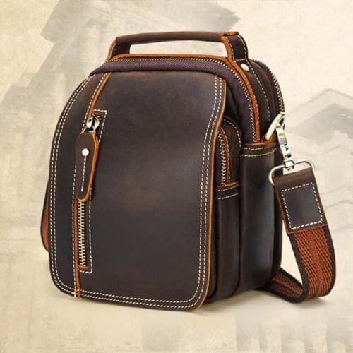 Mini Men Shoulder Bag Crazy Horse Genuine Leather belt bags Double Zipper Pocket phone pouch small Messenger bag Vintage handbag