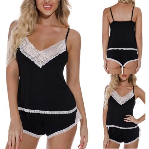Fashion Women Sexy Sleepwear Solid Colors Comfortable Spaghetti Strap Lace Lingerie V-Neck Camisole Tops Short Pajamas Set