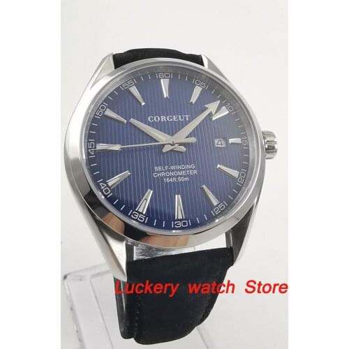 Corgeut 41mm mens watch blue dial silver marks sapphire glass 5ATM water resistance Automatic watch-CA32