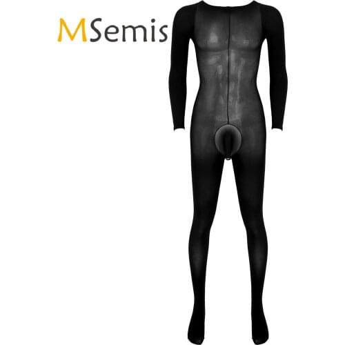 Mens Lingerie Full Bodysuit Bulge Pouch Stretchy Bodystocking Solid Color Round Neck Long Sleeve Bodysuit Underwear Nightwear