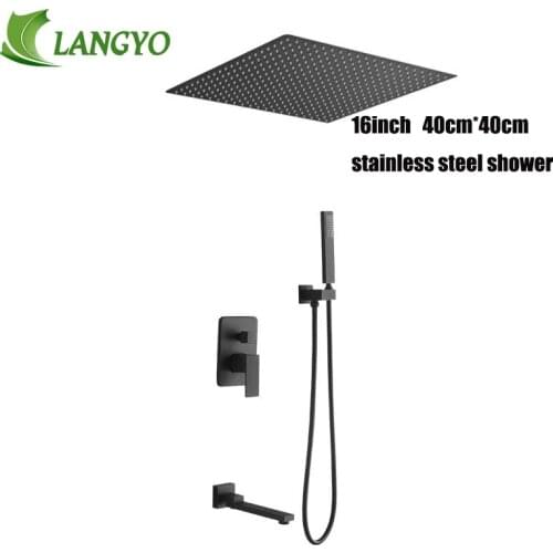 LANGYO Brass Square Black Shower Set Bathroom 16inch Rain Shower Head Faucet Ceiling Shower Arm Diverter Mixer Handheld Shower