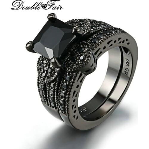 Sweet Heart Square Cut Black Nano Rings Sets Cubic Zirconia Black Gold Color Party Ring Sets Fashion Brand Women Jewelry DFR612