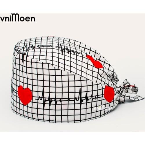 New Heartbeat pattern printing Breathable cartoon print scrub cap Pet grooming beauty salon lab work caps Health scrub hat