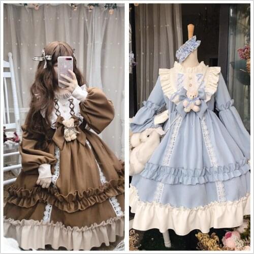 Original Design Teddy Bear Womens Lolita OP Dress Vintage Style Dress Long Lantern Sleeve Doll Fall Winter One Piece