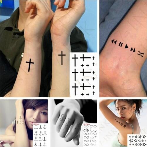 Water Transfer Fake Tattoo Small Cross Tatto Behind The Ear on Finger Waterproof Temporary Tatoo Stickers for Woman Man