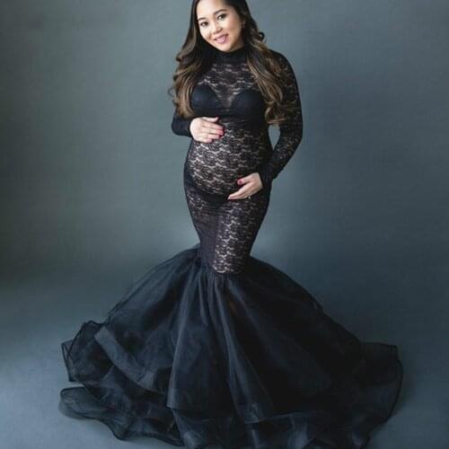 Splicing Maternity Dress for Photo Shoot Pregnant Women Long Sleeve Black Lace Turtleneck Photography Dresses Pregnancy Dress