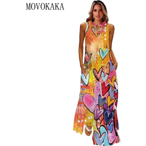 MOVOKAKA Heart Print Vintage Dress 2021 Party V Neck Summer Sundresses Elegant dresses Women Casual Beach Maxi Dresses For Women