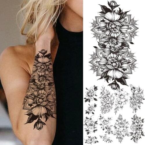 Black Dahlia Realistic Fake Tattoo Sticker For Women Lady Girl Mandala Peony Rose Leaves Temporary Tattoos Water Tone Tattos