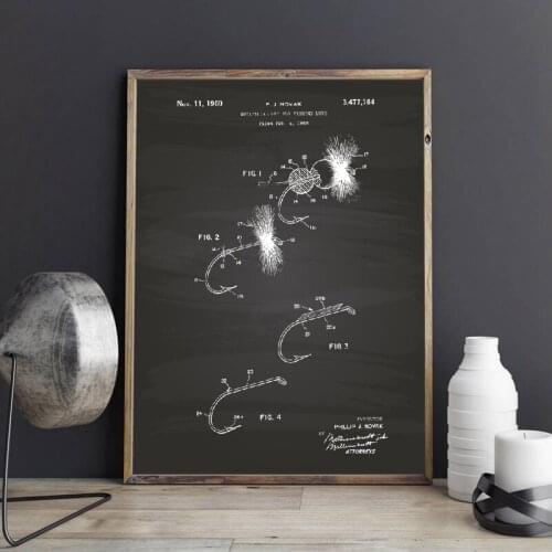 Fly Fishing Lure Patent Prints Angling Wall Art Posters Decor Vintage Blueprint Fishing Canvas Painting Gift idea Wall Art Decor